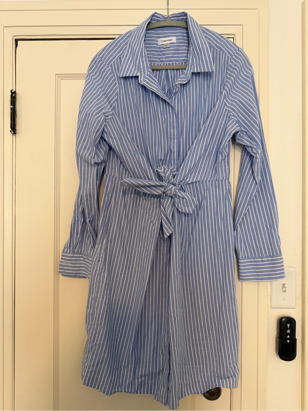 Calvin Klein Blue and White Striped Tie-Waist Shirt Dress